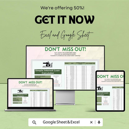 Simple Interest Loan Calculator Sheet | Excel & Google Sheets | Monthly Repayment Tracker | Loan Amortization Template