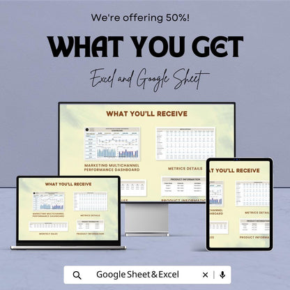 Marketing Multichannel Performance Dashboard Template Excel Google Sheets, Marketing Analytics Dashboard, KPI Tracker Spreadsheet