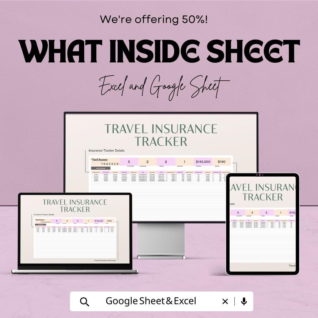 Travel Insurance Tracker Template | Insurance Policy Management Spreadsheet |Google Sheets Travel Coverage Log | Policy Renewal Tracker