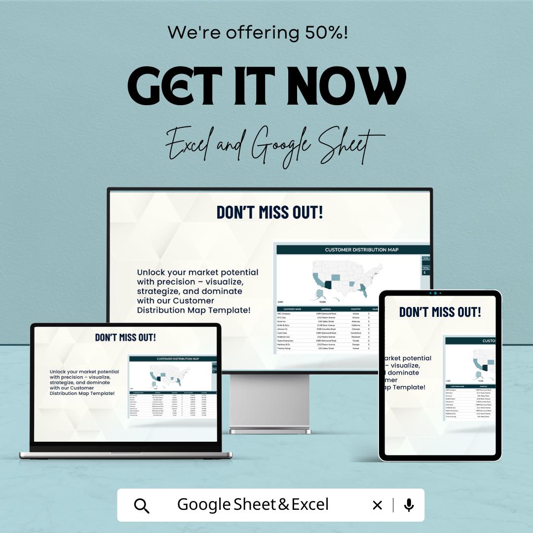 Customer Distribution Map Template Excel, Sales Territory Map, Client Location Tracker, Google Sheets Dashboard, Sales Analysis Tool