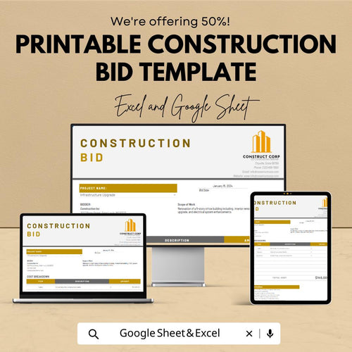 Construction Bid Template | Contractor Bid Form | Project Estimate Sheet | Construction Proposal Template | Excel Google Sheets Template