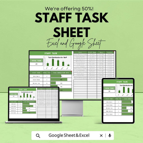 Staff Task Sheet Template for Excel and Google Sheets | Task Management & Distribution Tracker | Boost Team Productivity | 50% Off!