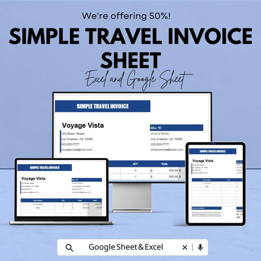 Simple Travel Invoice Template for Excel and Google Sheets | Instant Download | 50% Off | Travel Expense Tracking & Invoicing