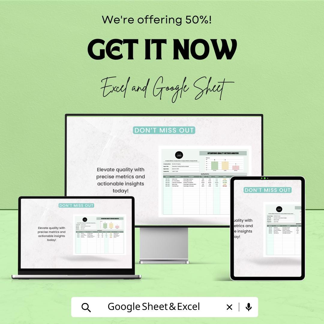 Operations Quality Metrics Analysis Sheet | Google Sheets | KPI Tracking | Quality Control Dashboard | Business Operations Management