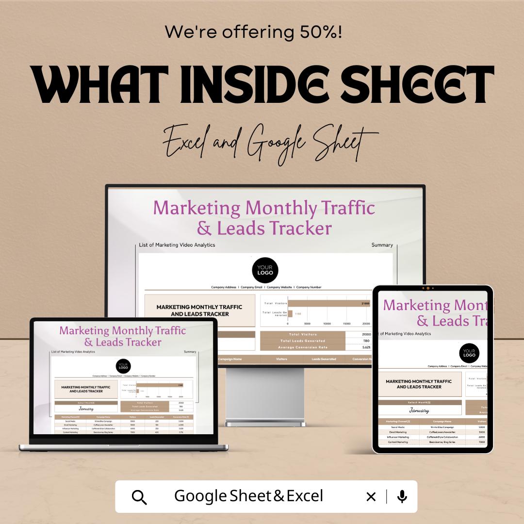 Marketing Monthly Traffic and Leads Tracker Template | Excel and Google Sheets | Website Traffic & Lead Tracking Spreadsheet