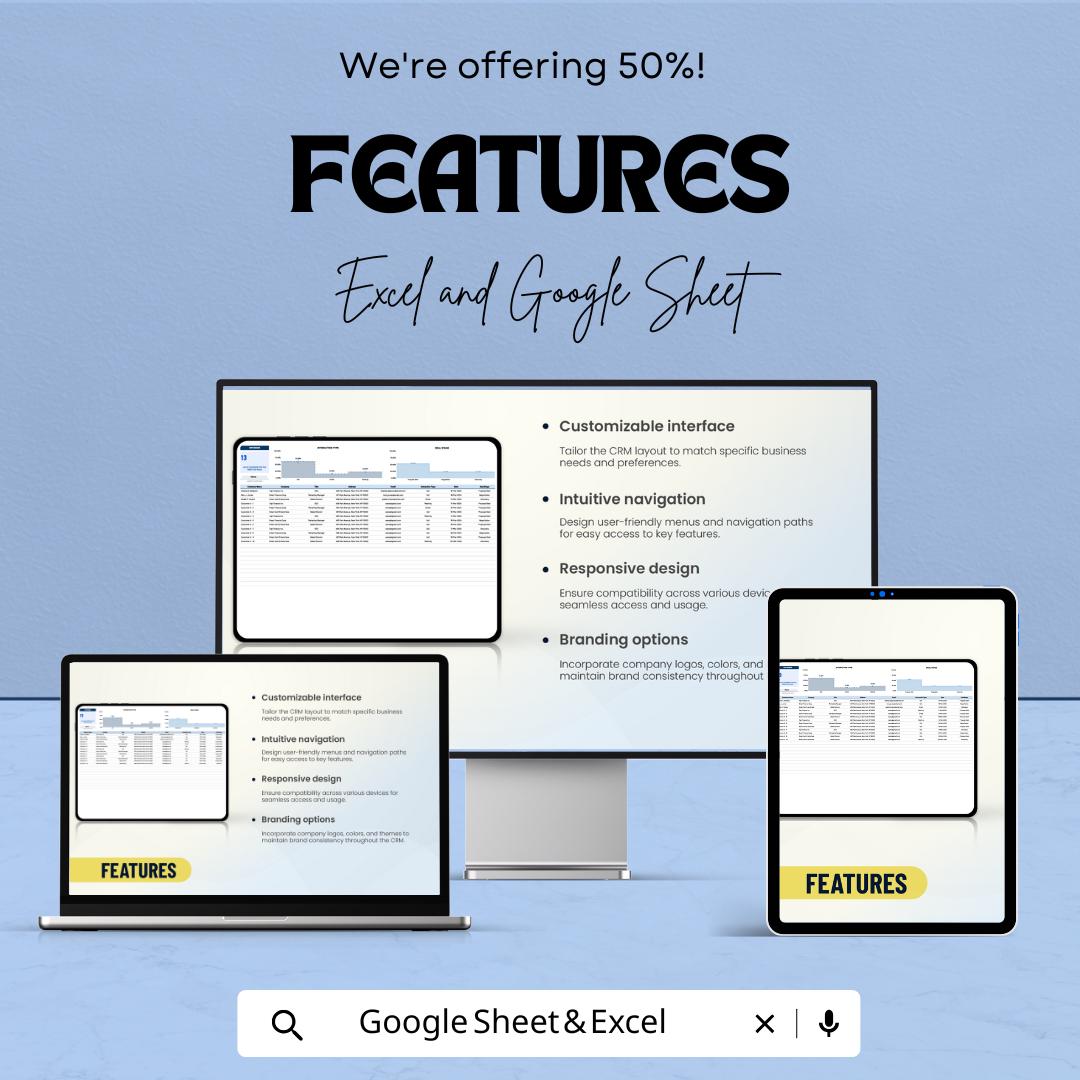 CRM Design Template | Excel & Google Sheets Customer Management Dashboard | CRM Layout Spreadsheet | Sales Tracking System