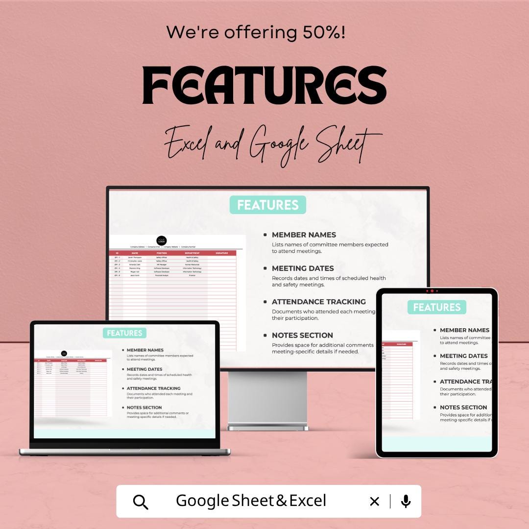 Health & Safety Meeting Attendance Log Template | Safety Meeting Tracker | Attendance Spreadsheet | Excel and Google Sheets |