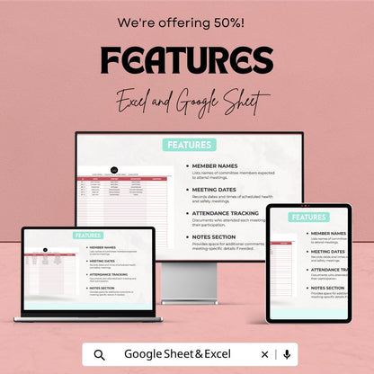 Health & Safety Meeting Attendance Log Template | Safety Meeting Tracker | Attendance Spreadsheet | Excel and Google Sheets |
