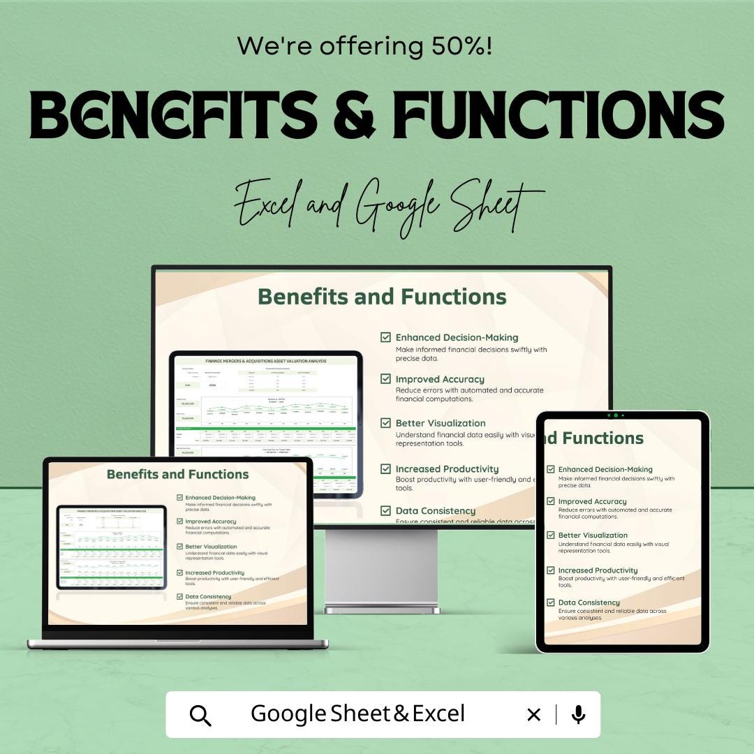 Finance Mergers & Acquisitions Asset Valuation Analysis Template | M and A Valuation Model | Excel and Google Sheets Financial Analysis Tool