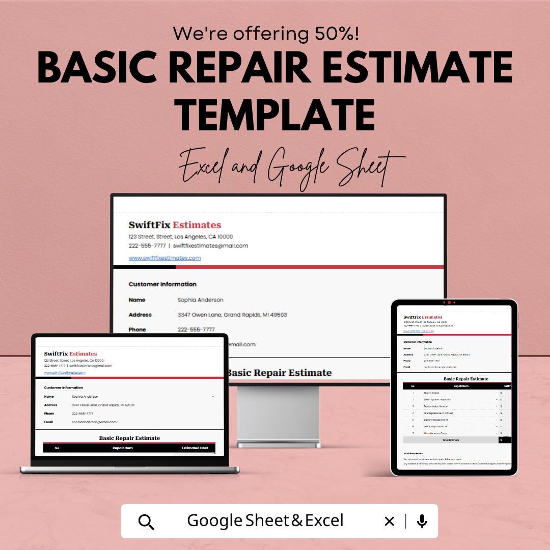 Repair Estimate Template Excel | Service Estimate Invoice | Contractor Quote Template | Auto Repair Estimate Sheet | Google Sheets Estimate