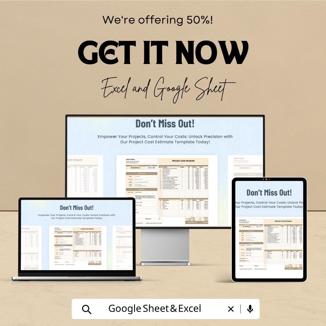 Project Cost Estimate Template | Cost Estimator Spreadsheet | Project Budget Planner | Construction Estimate | Excel & Google Sheets |