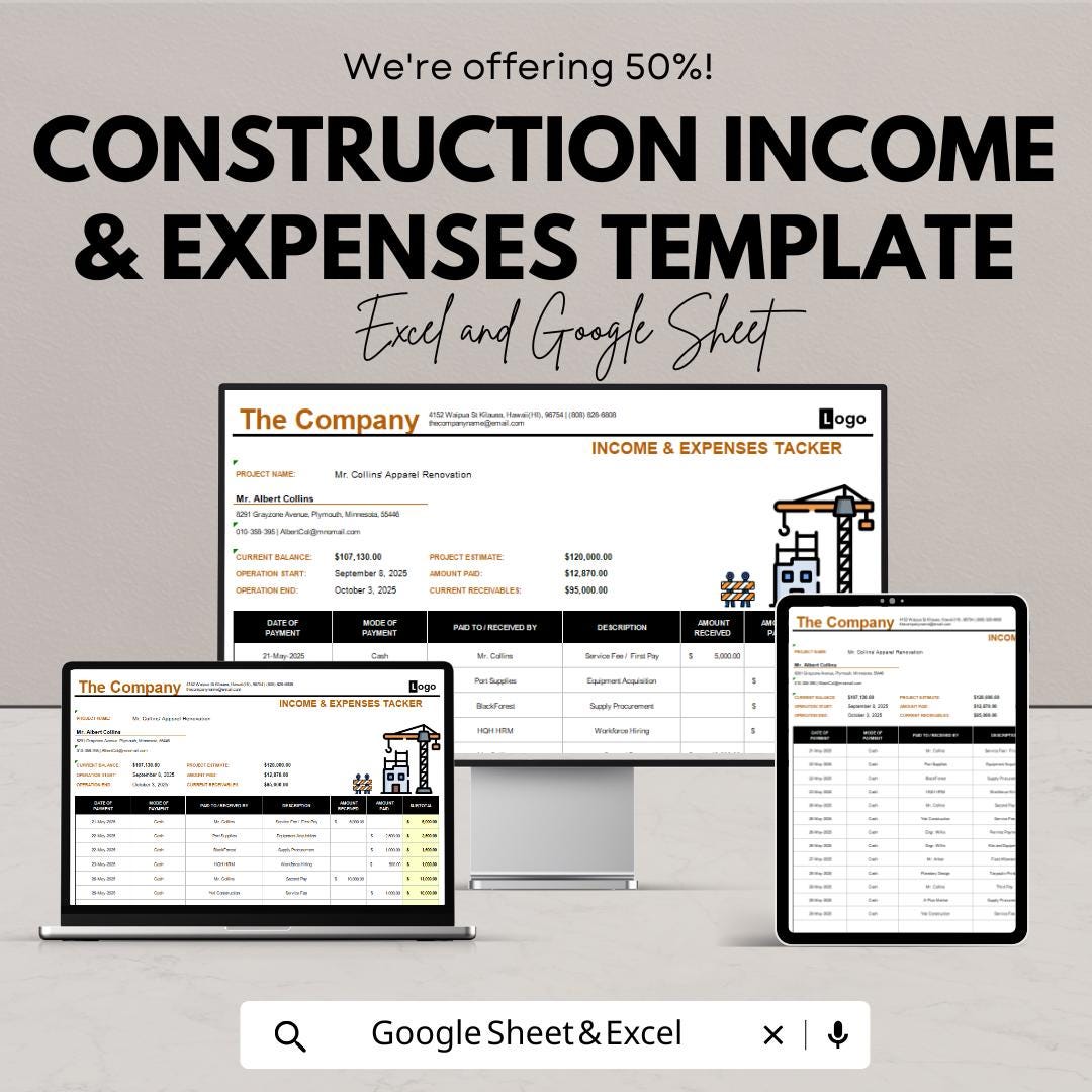 Construction Income and Expenses Template | Google Sheets & Excel Tracker | Contractor Budget Spreadsheet | Project Cost Management Sheet