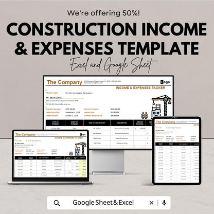 Construction Income and Expenses Template | Google Sheets & Excel Tracker | Contractor Budget Spreadsheet | Project Cost Management Sheet