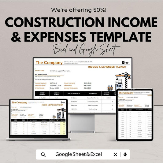 Construction Income and Expenses Template | Google Sheets & Excel Tracker | Contractor Budget Spreadsheet | Project Cost Management Sheet