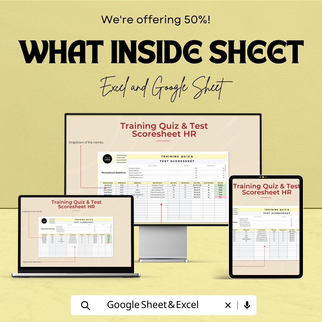 Training Quiz & Test Scoresheet HR Template, Employee Training Tracker, HR Score Sheet, Staff Assessment Log