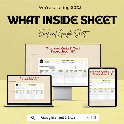 Training Quiz & Test Scoresheet HR Template, Employee Training Tracker, HR Score Sheet, Staff Assessment Log