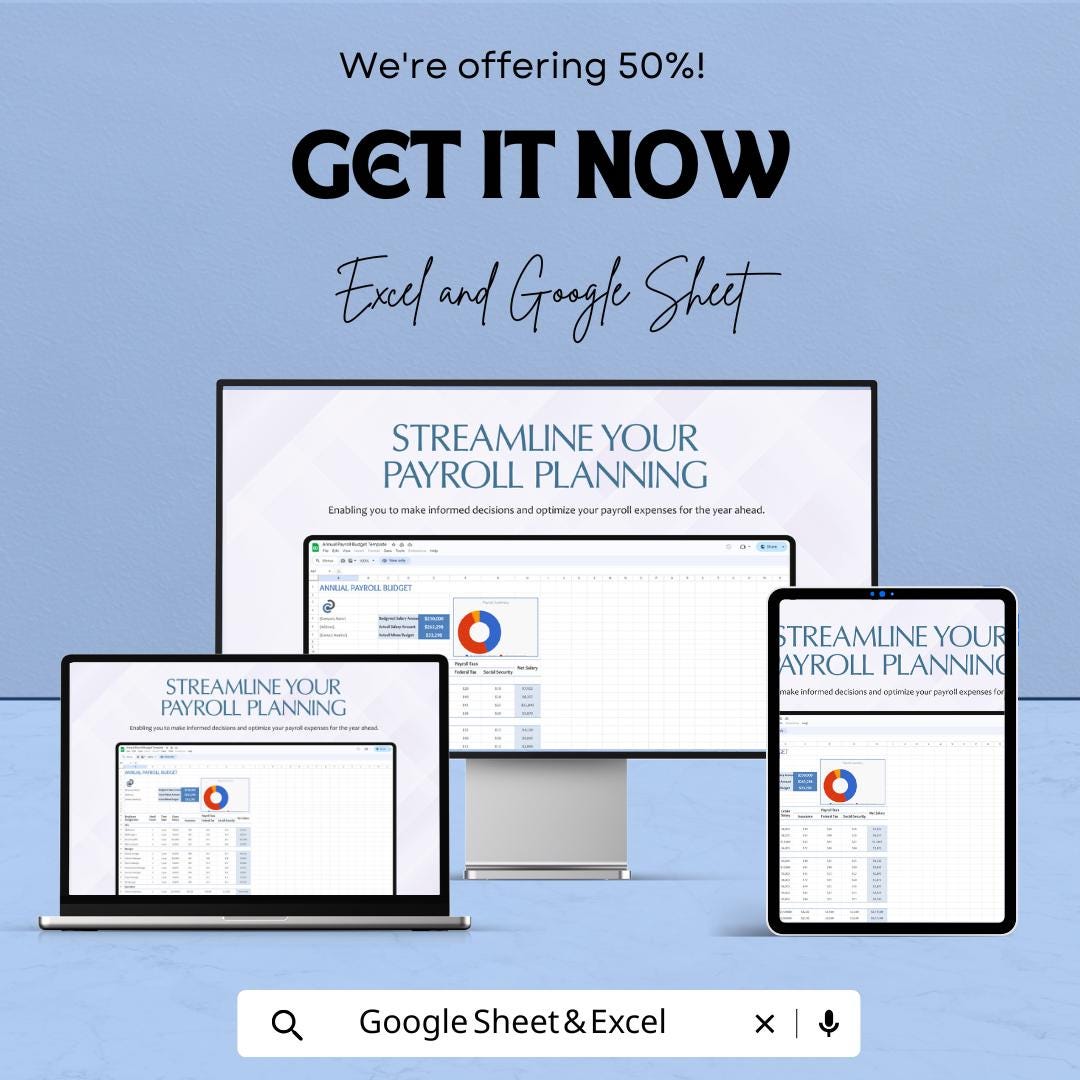 Annual Payroll Budget Template | Excel & Google Sheets | Employee Salary Planner | Payroll Expense Tracker | Business Budget Spreadsheet