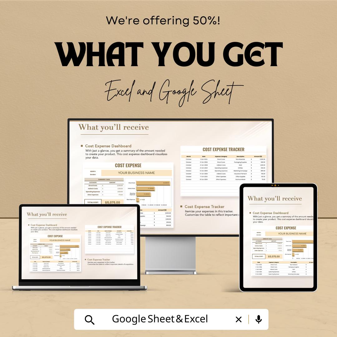Cost Expense Sheet | Excel & Google Sheets | Monthly Expense Tracker | Customizable Budgeting Tool | Business Financial Planning Template