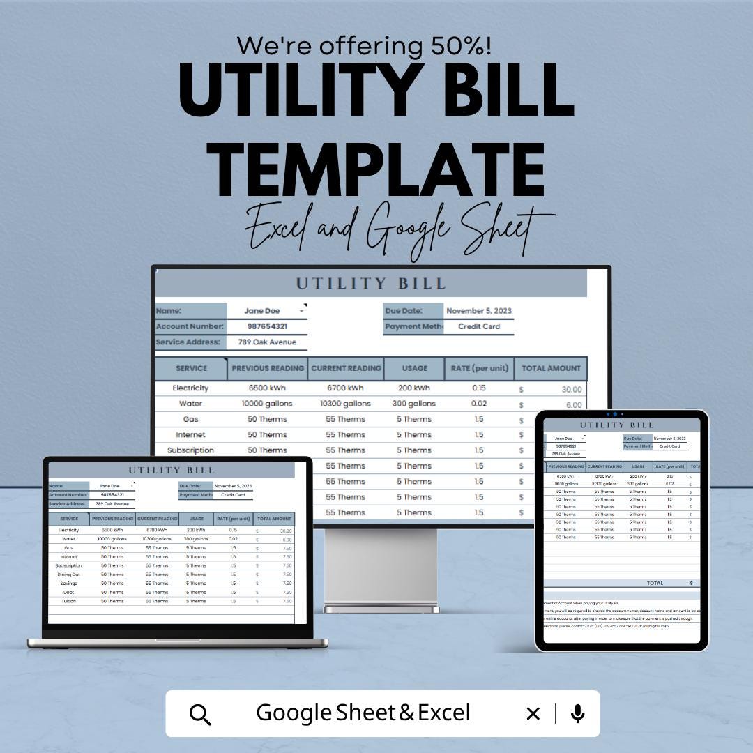 Utility Bill Template | Monthly Utility Expense Tracker | Household Bill Spreadsheet | Excel & Google Sheets | Utility Payment Management