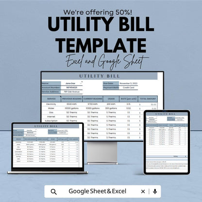 Utility Bill Template | Monthly Utility Expense Tracker | Household Bill Spreadsheet | Excel & Google Sheets | Utility Payment Management