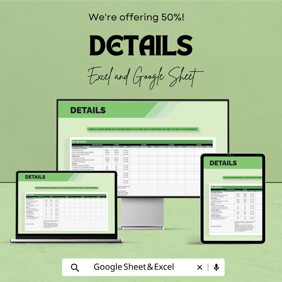 IT KPI Dashboard Template | Key Performance Indicators Tracker | IT Performance Dashboard | Business Metrics Spreadsheet