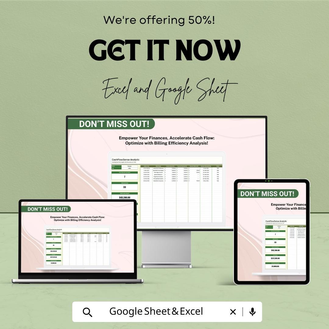 Finance Billing Efficiency Analysis Template | Billing Tracker Spreadsheet | Cash Flow Reporting Sheet | Financial Analysis Tool