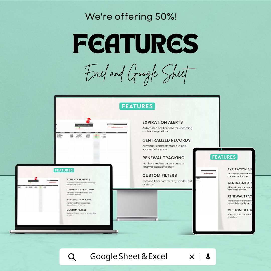 Vendor Contract Expiry Log, Contract Renewal Tracker, Vendor Management Template, Contract Expiration Sheet