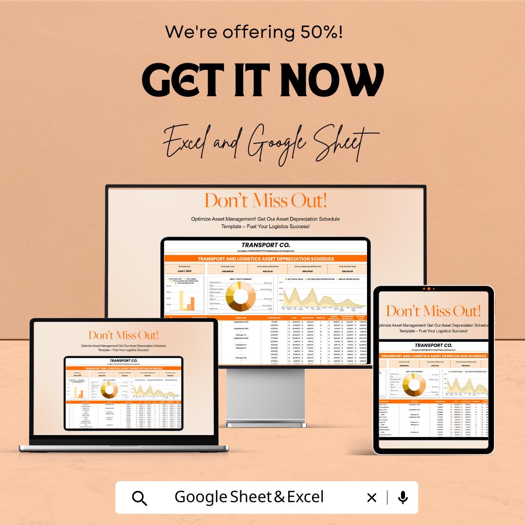 Transport & Logistics Asset Depreciation Schedule | Excel and Google Sheets | Financial Tracker for Fleet and Equipment Management