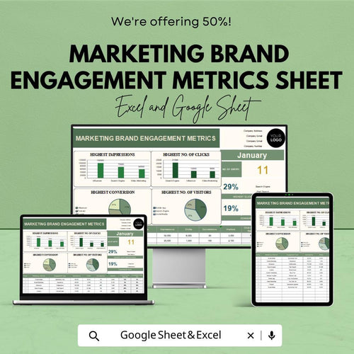 Marketing Brand Engagement Metrics Sheet | Google Sheets for Tracking Metrics, Impressions, Clicks, Conversions | Marketing Dashboard