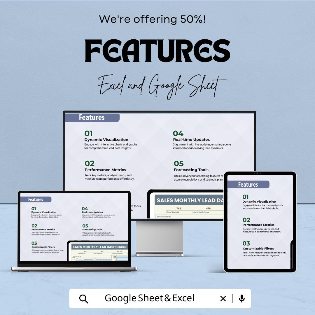 Sales Monthly Lead Dashboard | Sales Metrics Tracker | Conversion Rate & Performance Insights | Yearly Data Analysis | Marketing Template
