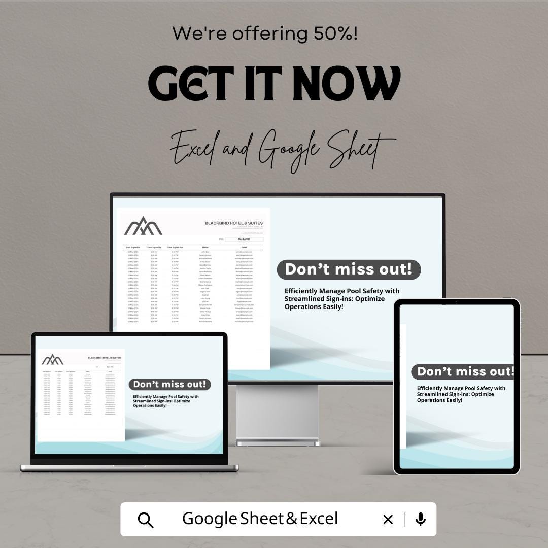 Pool Sign In Sheet | Excel and Google Sheet Template for Hotels and Resorts | Track Visitor Details, Time-in & Time-out | Easy to Customize