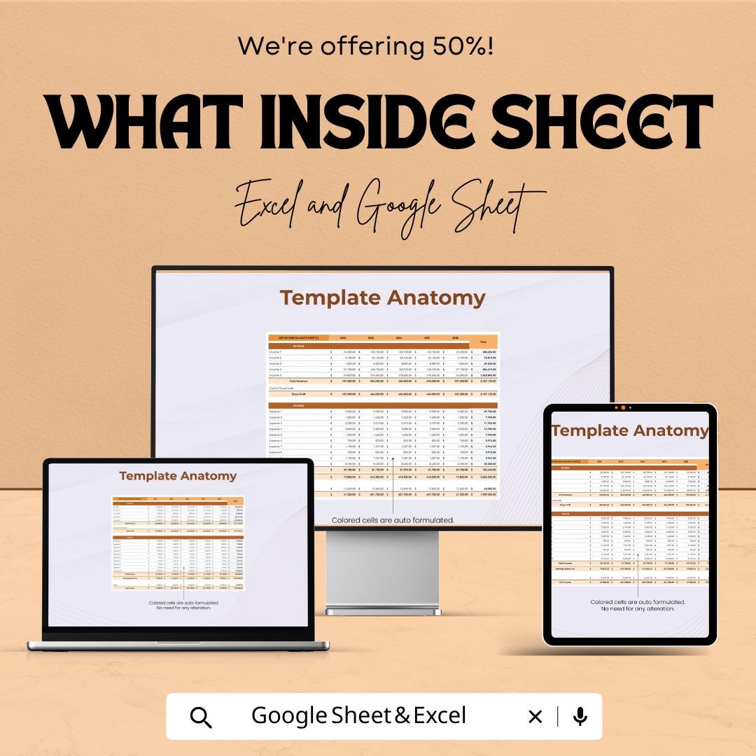 Net Income Balance Sheet | Excel & Google Sheet Template | Revenue, Expense, and Profit Tracker