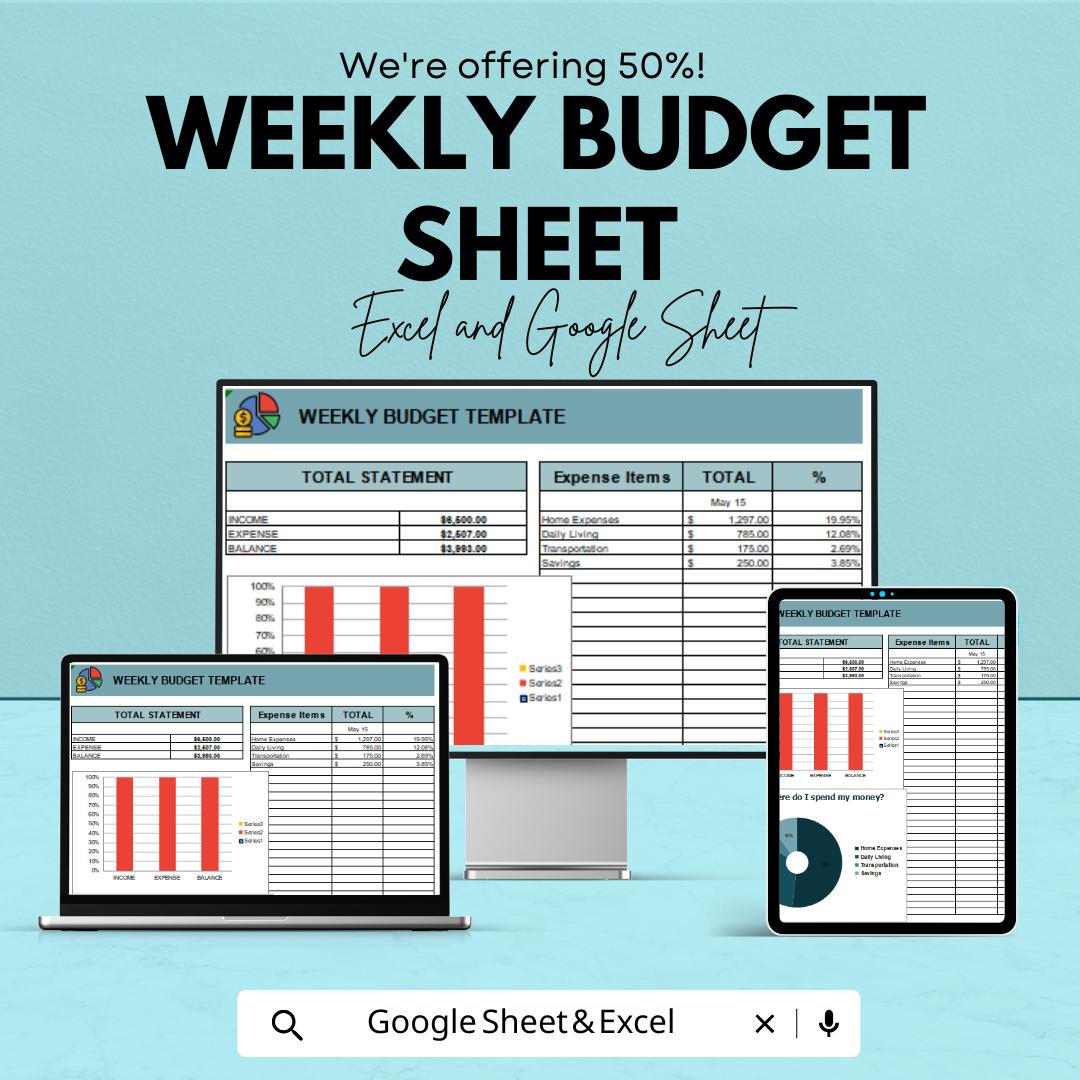 Weekly Budget Sheet | Editable Budget Planner Template | Google Sheet & Excel | Expense Tracker | Financial Planner | Money Tracker