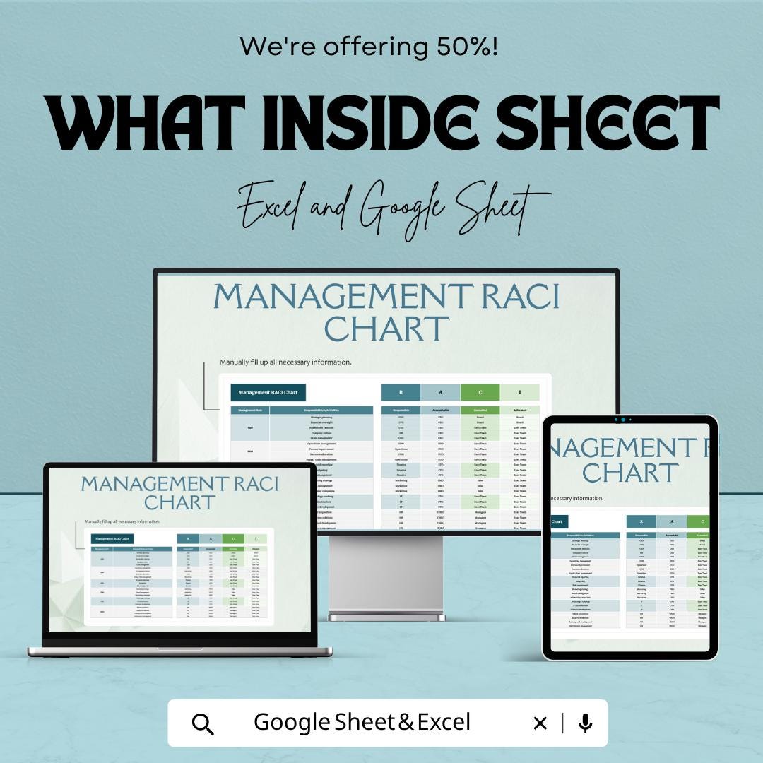 RACI Chart Template | Responsibility Assignment Matrix | Team Roles Tracker | Project Management Tool | Task Responsibility Sheet