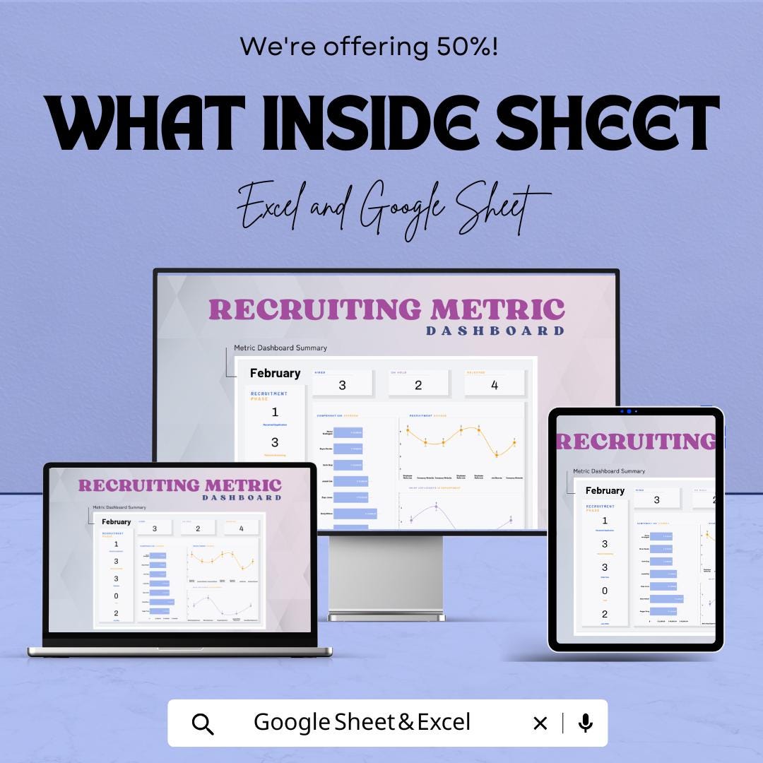 Recruiting Metrics Sheet - Excel & Google Sheet | Recruitment Dashboard for Hiring, Applicant Tracking, and Workforce Management