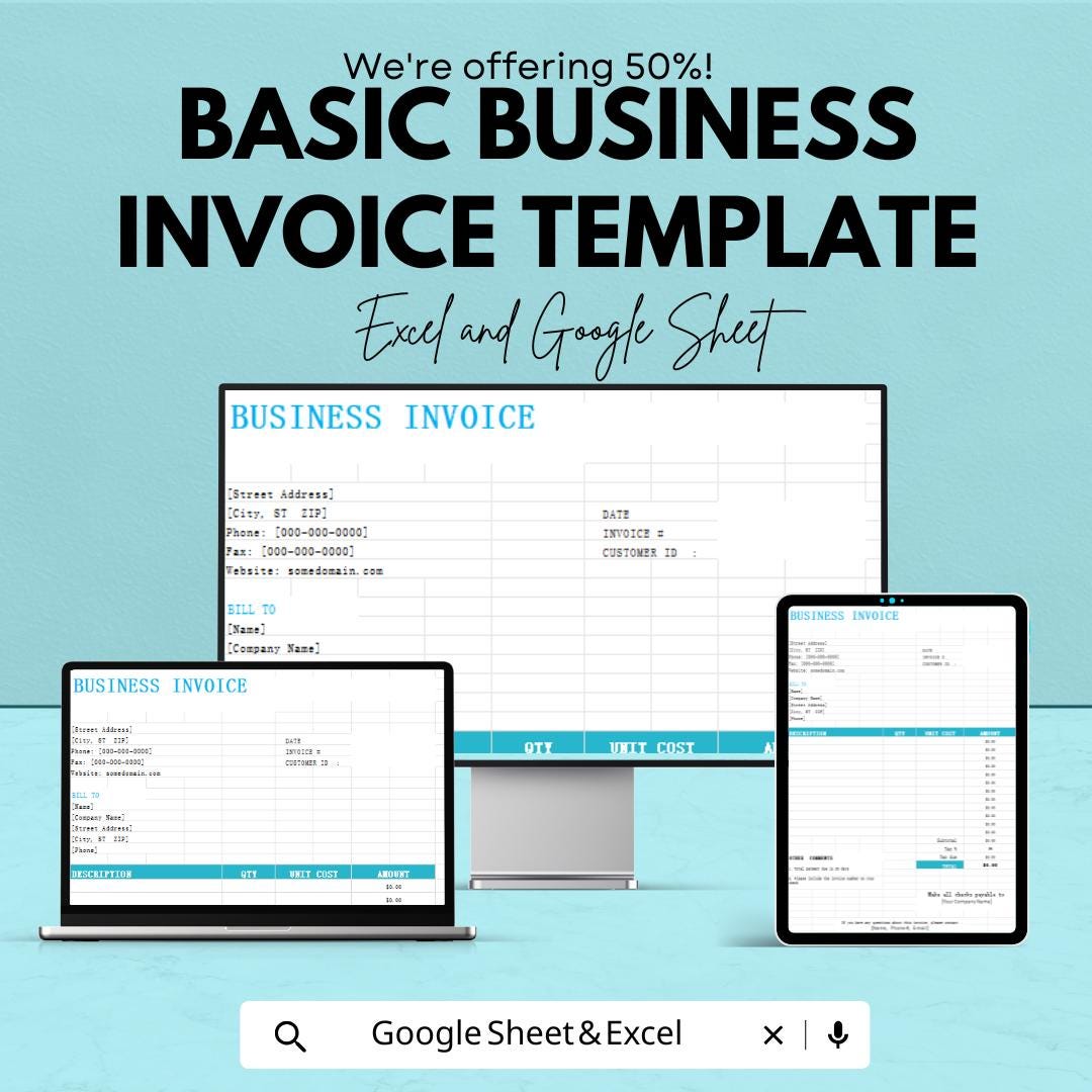 Basic Business Invoice Template | Editable Invoice for Small Business | Google Sheets & Excel Invoice | Simple Business Billing Spreadsheet