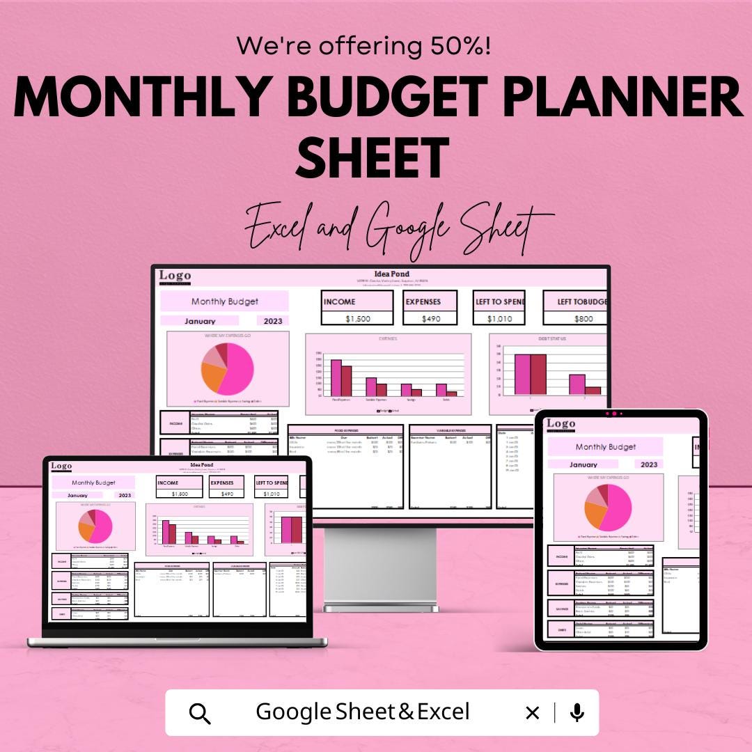 Monthly Budget Planner Sheet | Expense Tracker Template | Excel & Google Sheets | Financial Planning Tracker | Budget Spreadsheet for 2023