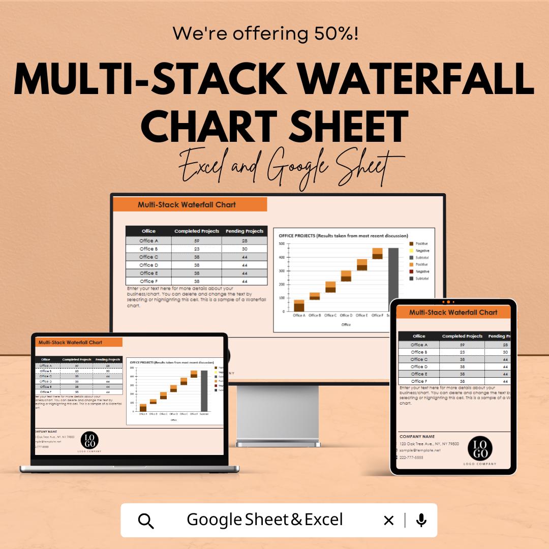 Multi-Stack Waterfall Chart Sheet for Excel & Google Sheets - 50% Off - Visualize Project Progress