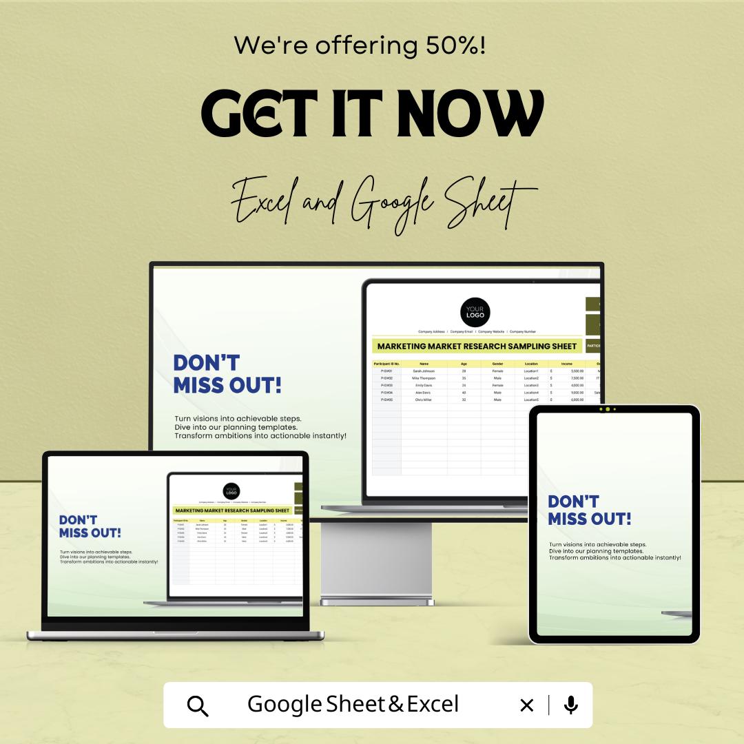 Marketing Market Research Sampling Sheet Template | Data Collection Template | Market Research Tracker | Participant Sampling Form