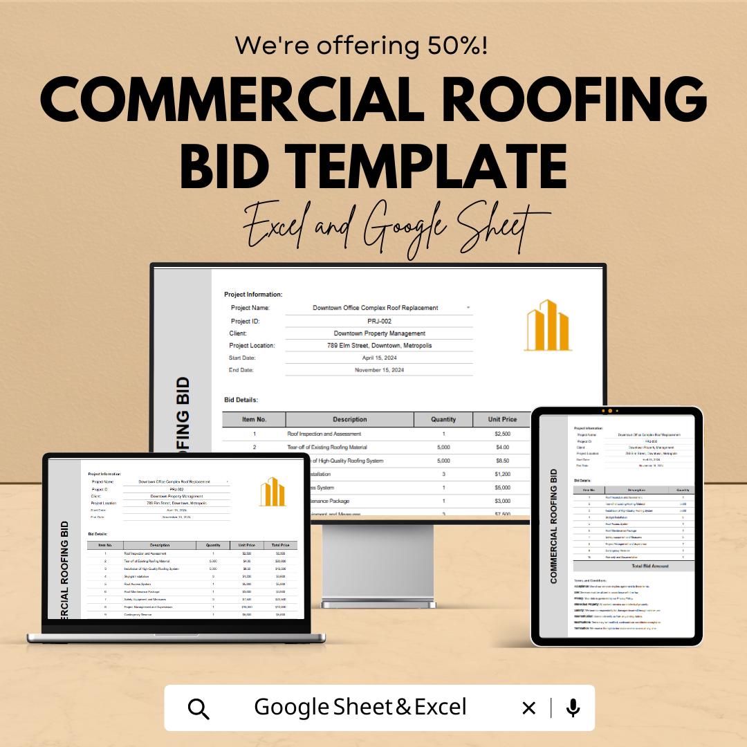Commercial Roofing Bid Template | Roofing Estimate Template | Construction Bid Spreadsheet | Contractor Proposal Template
