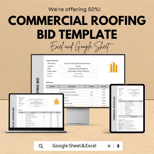 Commercial Roofing Bid Template | Roofing Estimate Template | Construction Bid Spreadsheet | Contractor Proposal Template