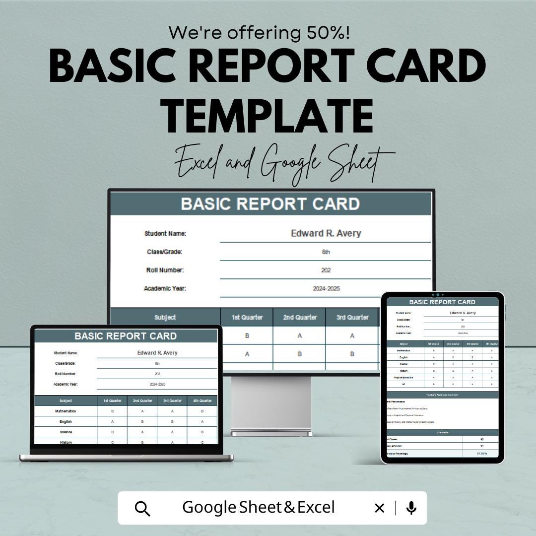 Basic Report Card Template | Editable Grade Report | Student Progress Tracker | Printable & Digital | Report Card