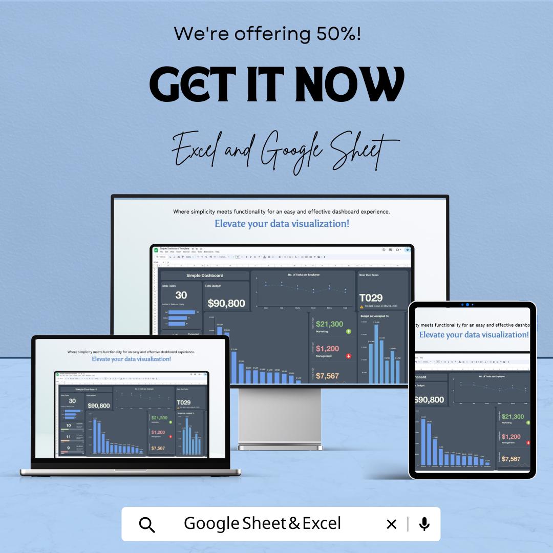 Simple Dashboard Sheet | Excel & Google Sheets KPI Template | Project Tracker | Business Dashboard | Data Visualization Spreadsheet