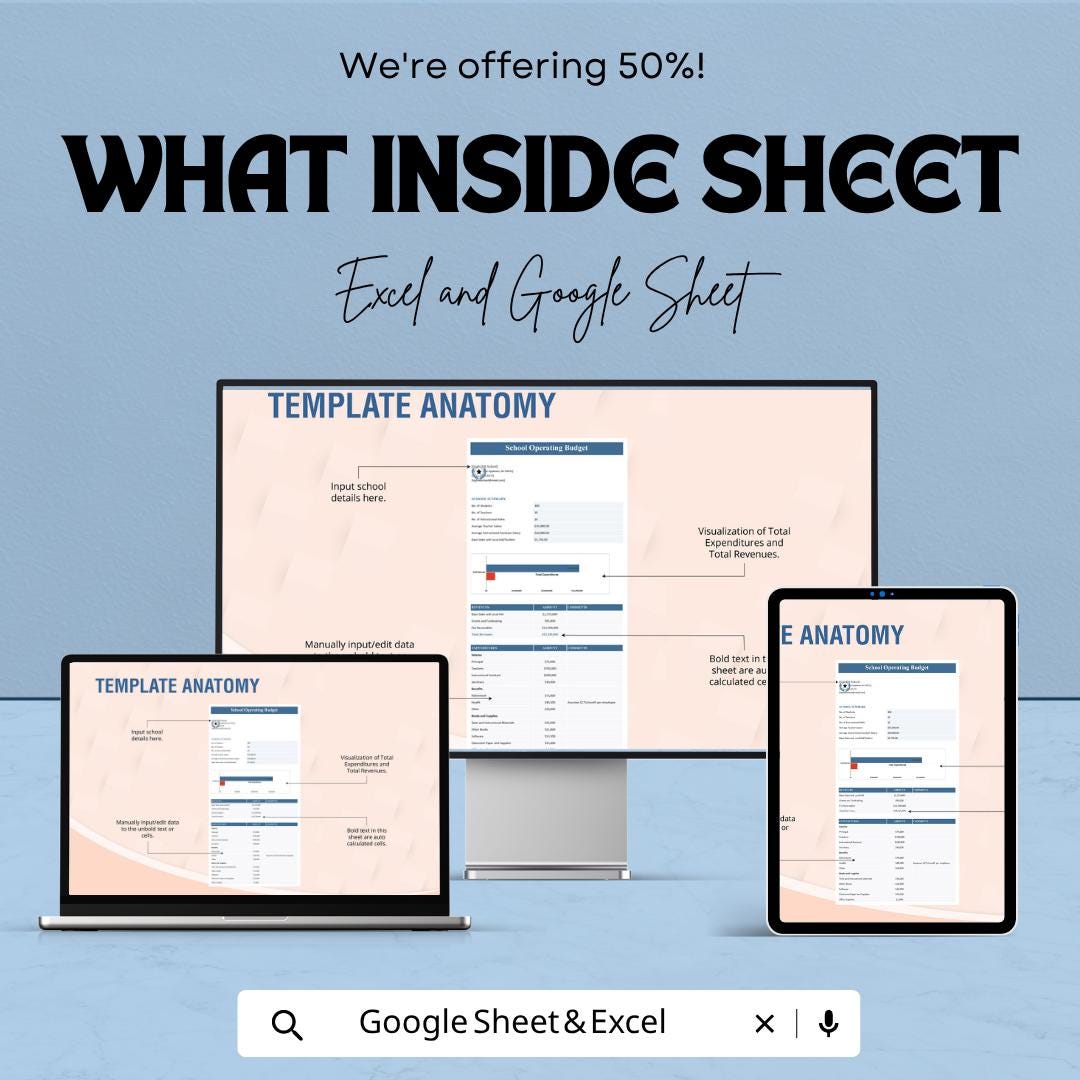 School Operating Budget Template | School Finance Tracker | Education Budget Spreadsheet | Annual School Expense Planner