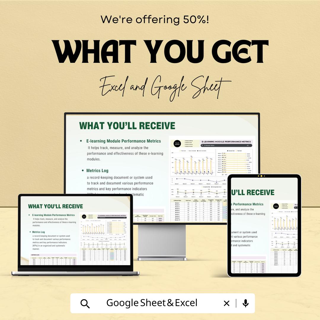 E-Learning Module Performance Metrics HR Template | Training Evaluation Dashboard | LMS Analytics Spreadsheet | Excel & Google Sheets