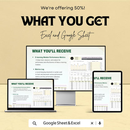 E-Learning Module Performance Metrics HR Template | Training Evaluation Dashboard | LMS Analytics Spreadsheet | Excel & Google Sheets