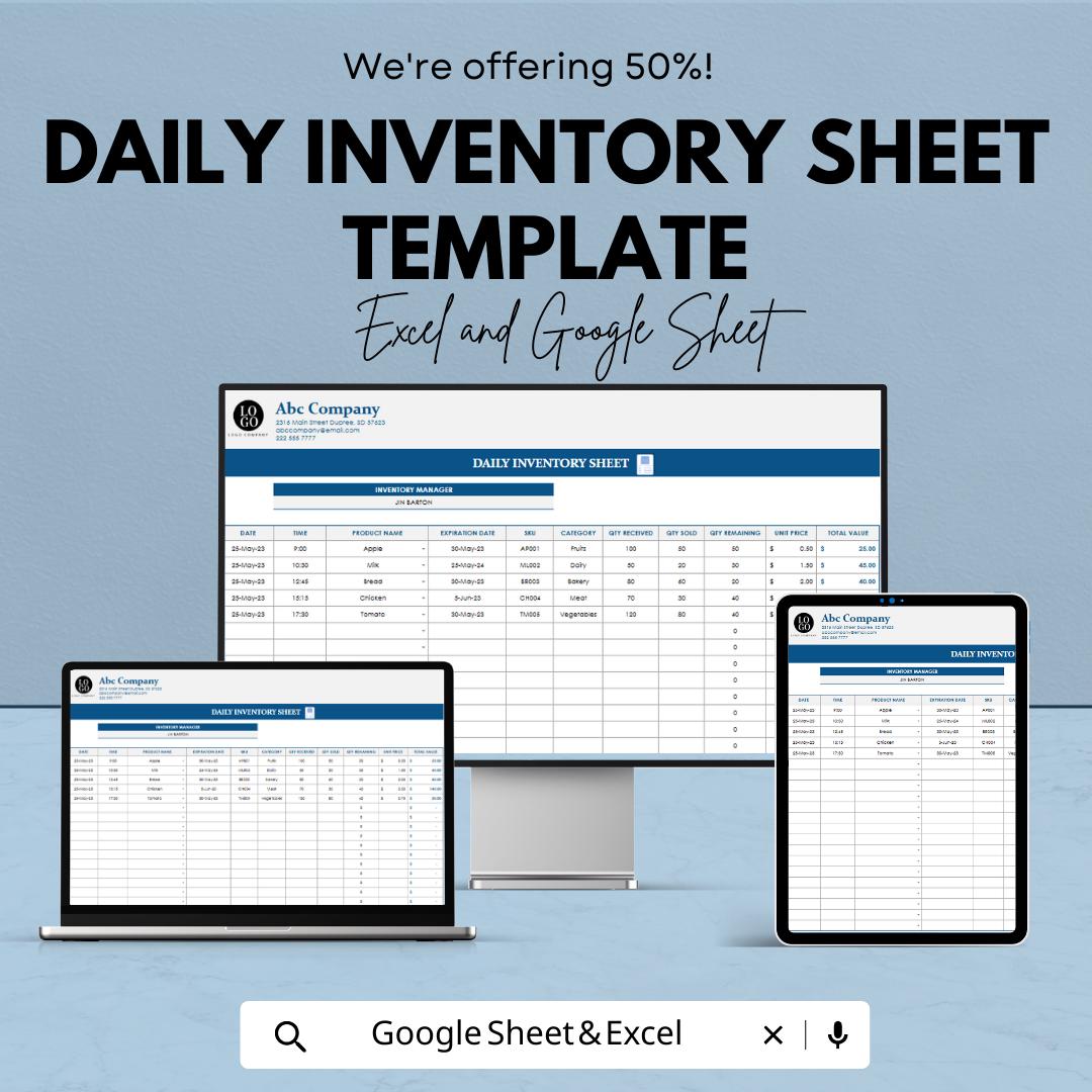 Daily Inventory Sheet Template Excel, Stock Tracker Spreadsheet, Inventory Log Sheet,  Inventory Tracker, Small Business Stock Log