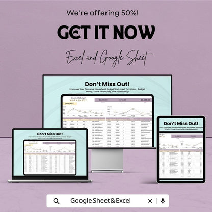 Household Budget Worksheet | Google Sheets Template for Tracking Income, Expenses, and Financial Goals | Easy to Use & Customizable