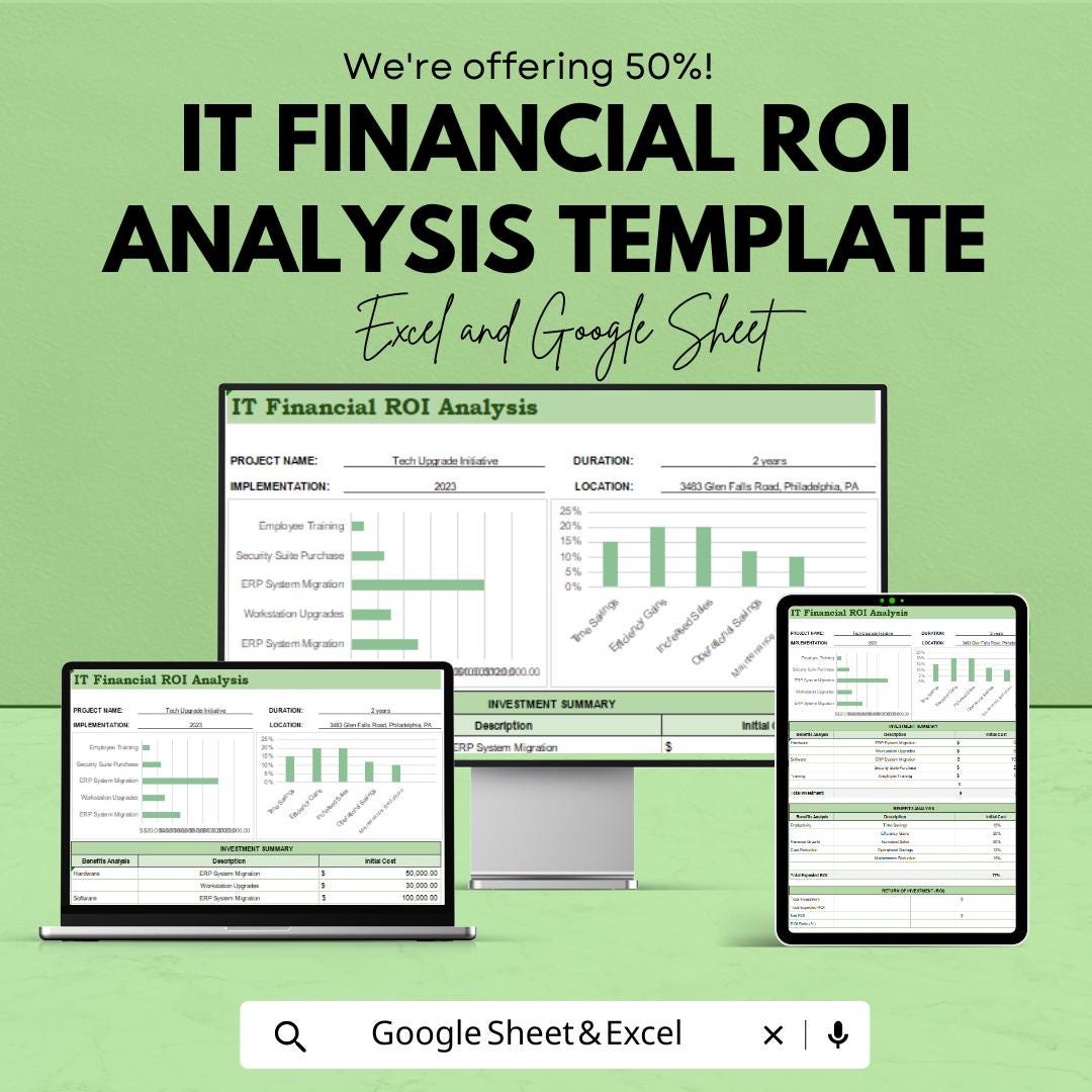 IT Financial Analysis Template | Excel & Google Sheets Roi Calculator | IT Investment Return Tracker | Business ROI Analysis Spreadsheet