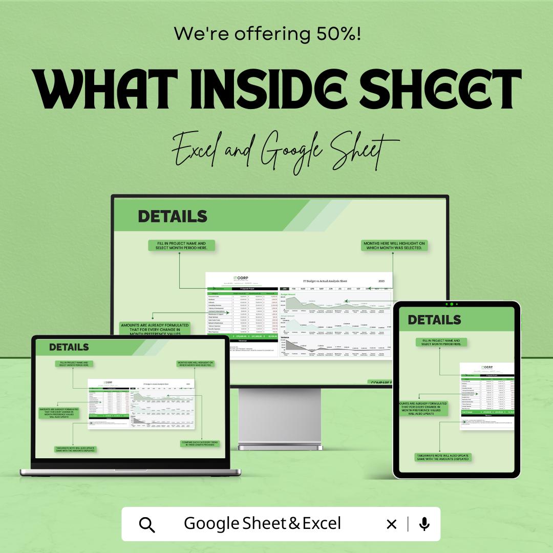 IT Budget vs Actual Analysis Sheet Template | IT Budget Tracker | Excel & Google Sheets Budget Analysis | IT Cost Management Spreadsheet